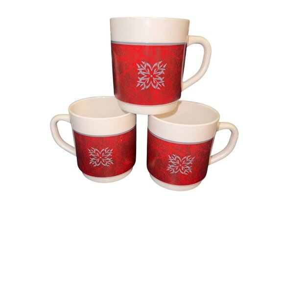 Set Of 3 Royal Prestige Red & White Snowflake Ceramic Coffee Mugs 12 Oz - Picture 1 of 6